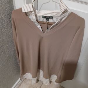 Back To Work Adrianna Papell Tan V-Neck Sweatshirt